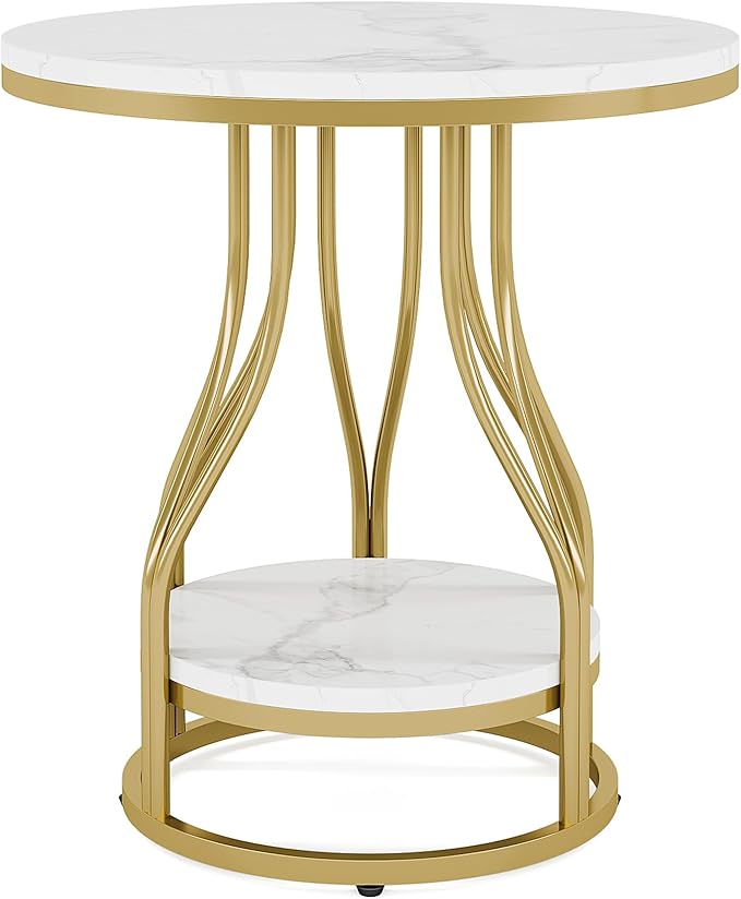 Tribesigns Round Side End Table 2-Tier End Tables Modern Bedside Table Small Chirside Tables with Storage for Couch Side, Nightstand with Metal Frame for Living Room (1, White+Gold)