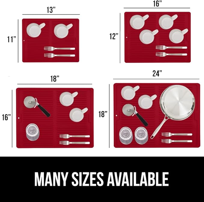 GORILLA GRIP 100% BPA-Free Patented Silicone Dish Drying Mat for Kitchen Counter, Water Catching Ribbed Design, Easy Clean Waterproof Sink Liner, Heat Resistant, Fits Under Rack, 13x11 Inch, Red