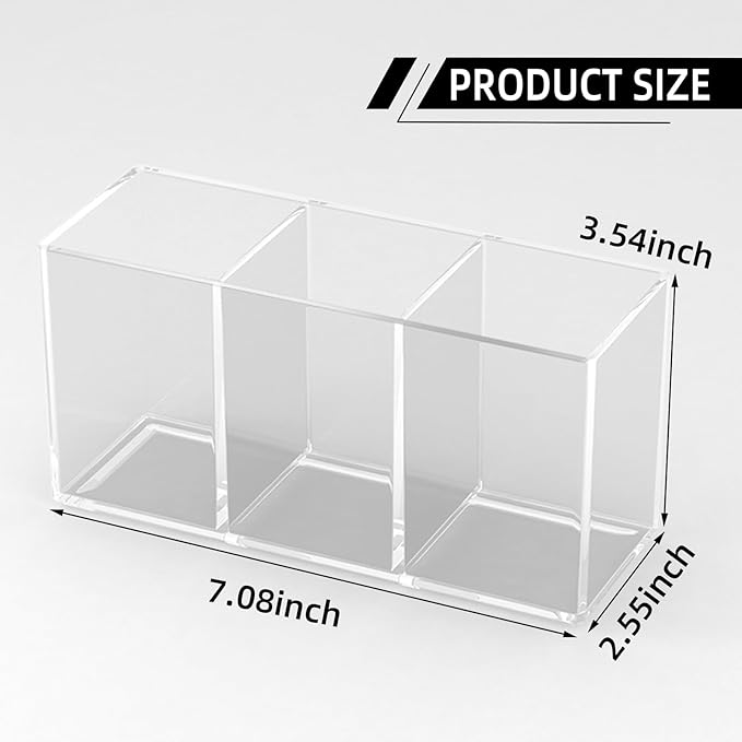 Acrylic Makeup Brush Holder, 2 Pack Clear Pencil Holder, Desk Accessories Holder with 3 Compartments, Brush Organizer for Vanity, Desk, Cosmetic Display-NeatNest