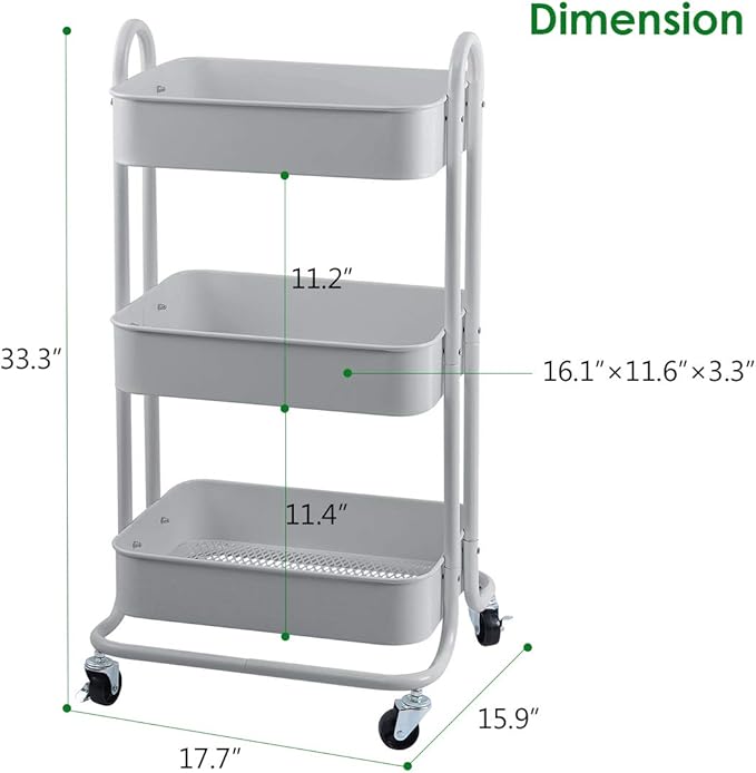 Melody House 3-Tier Metal Mesh Utility Rolling Cart Storage Organization Cart with Wheels, Light Gray