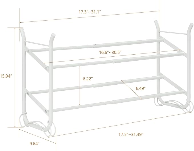 SunnyPoint Expandable & Stackable 2-Tier Shoe Rack – Adjustable Shoe Organizer for Entryway, Closet or Bedroom, Holds 4 to 8 Pairs, Space-Saving Metal Shoe Storage Shelf (17.5"–31.49" W) (WHT, 2 Tier)-NeatNest