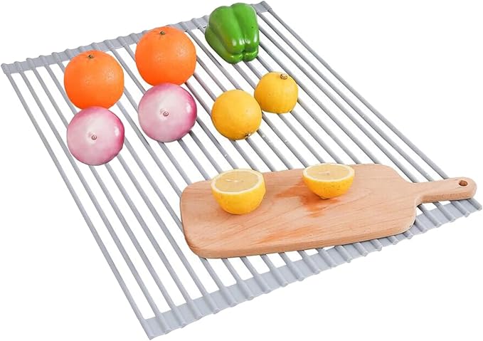 Ahyuan Large Roll up Dish Drying Rack Silicone Foldable Dish Rack Over Sink Dish Drainer Roll-up Sink Drying Rack Full Silicone Coated Stainless Still Dish Drying Rack (Warm Grey, 17.5''X15.75'')