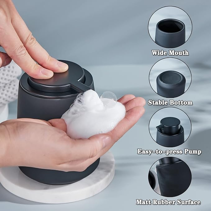 Black Foam Hand Soap Dispenser - 12Oz Ceramic Foaming Soap Dispenser with Easy-to-Press Black Pump, Reusable and Refillable Liquid Lotion Dish Soap Dispensers for Bathroom, Kitchen (Rubber Paint)-NeatNest