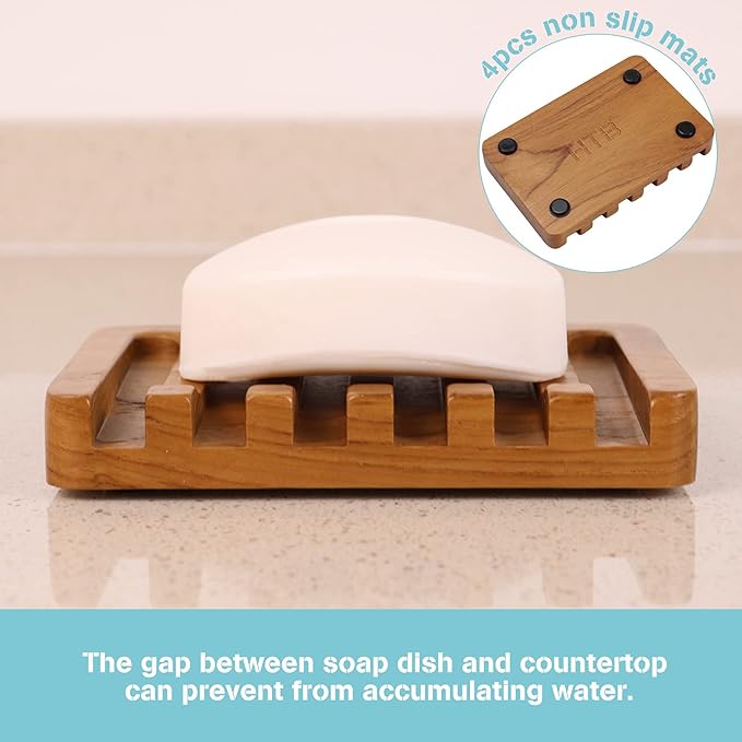 2PCS Self Draining Soap Dishes by HTB, Teak Wood Soap Holder, Soap Saver for Shower, Bathroom, Bath Tub, Kitchen Sponges, Easy Dry Extend Soap Life-NeatNest