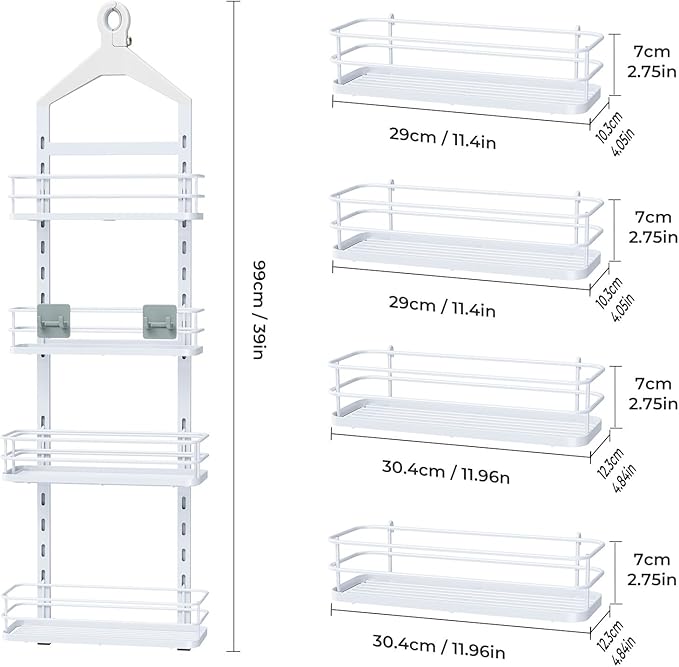 ODesign 4 Tier Height-Adjustable Shower Caddy Hanging Anti-Swing-Over The Shower Head Caddy-Storage Organizer Bathroom Shelves Basket-White