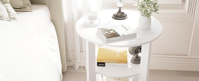 Round End Table with Storage Shelf,3 Tier Modern Side Table, Sofa Recliner Side Table,Accent Coffee Table,Nightstand for Living Room Bedroom for Small Spaces,19.7" D x 21.7" H