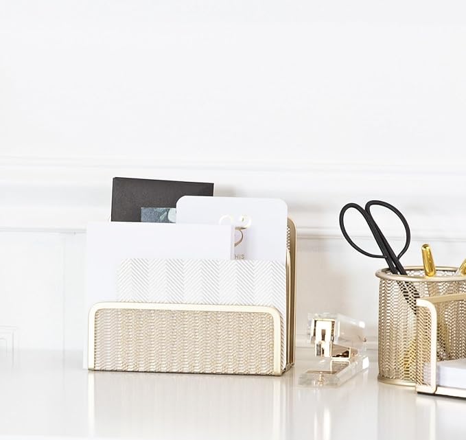 BLU MONACO Gold Mail Organizer for Desk - Mail Holder Countertop - Gold Metal Mesh Letter Sorter & Envelope Holder-NeatNest