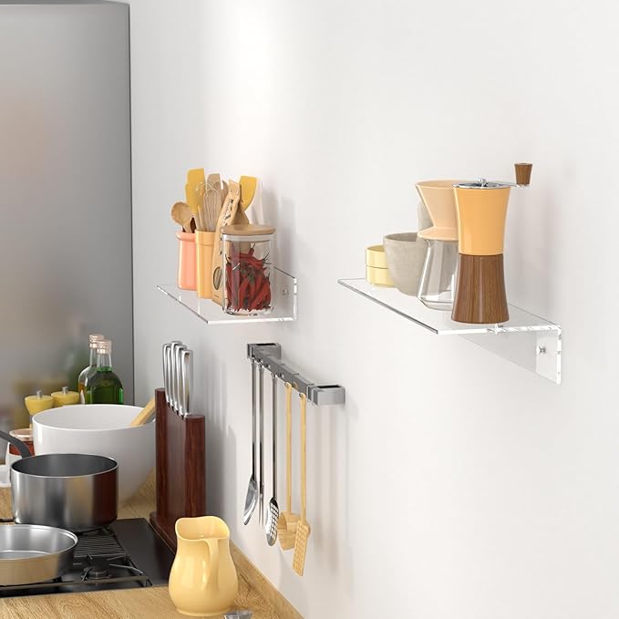 FEMELI 2 PCS 17" Acrylic Floating Shelves, Clear Shelf for Display, Plant, Perfume, Book in Bedroom Living Room Office, 5mm Thick Wall-Mounted Acrylic Shelves for Wall