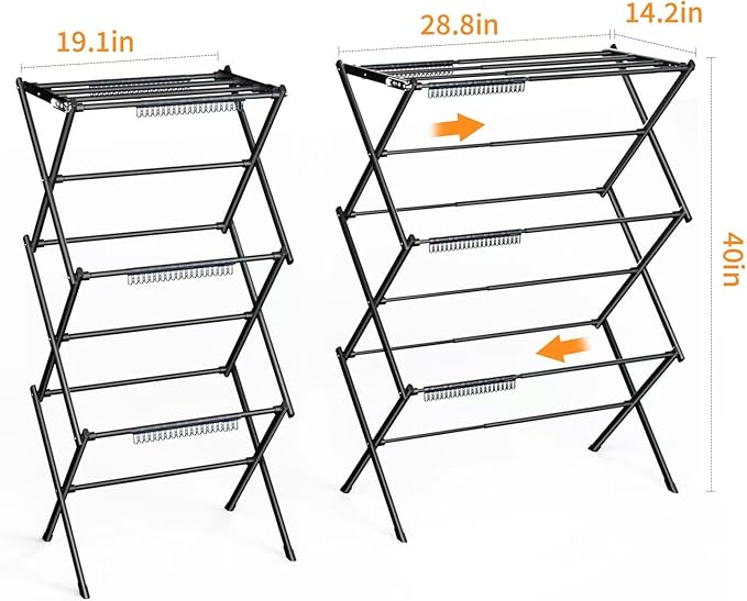 3-Tier Clothes Drying Rack|Drying Rack Clothing Foldable|Antirust Laundry Drying Rack|Small Dry Rack for Clothes|Dorm Clothes Drying Rack- Pure Black