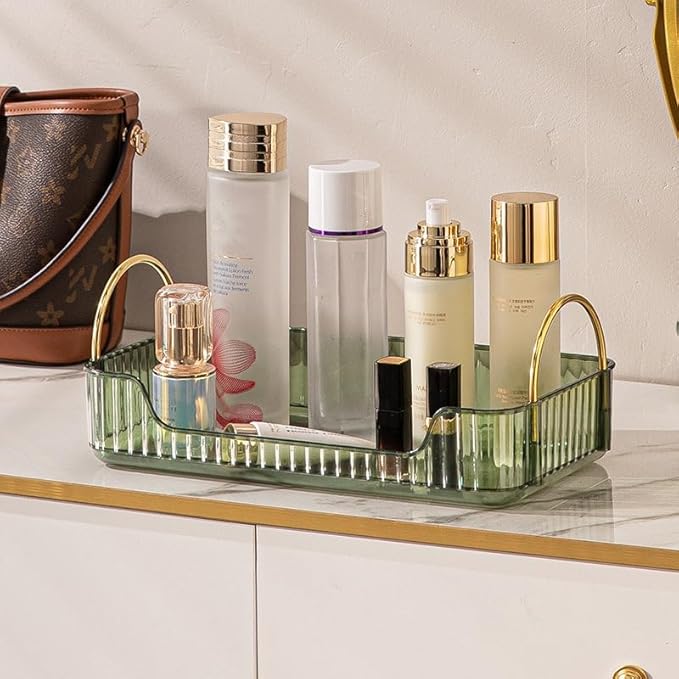 Bathroom Counter Organizer, Green, 11.8" L X 6.7" W X 4.5" H, Stainless Steel, PET, Modern Metal Handles, Smooth Edges, Large Capacity, Minimalist Design, Ideal Gift-NeatNest