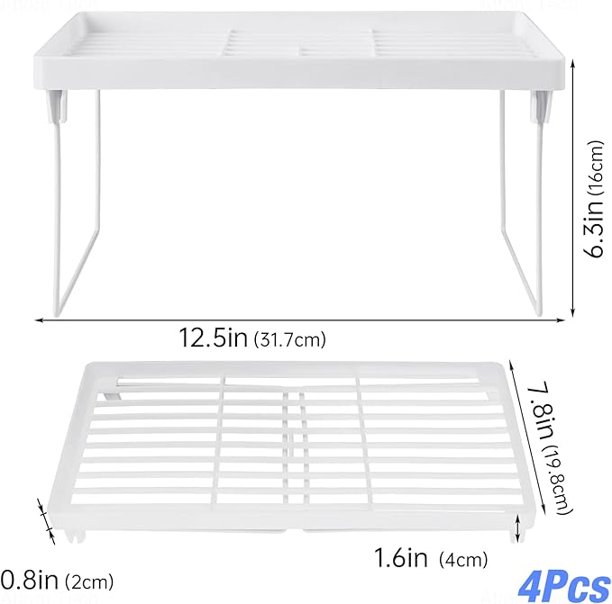 NiHome 4-Pack Stackable Plastic Kitchen Storage Shelf Foldable Rack - White Kitchen Cabinet Organizer and Storage Shelves Stackable Expandable Storage Racks for Counter Cabinet Pantry-NeatNest