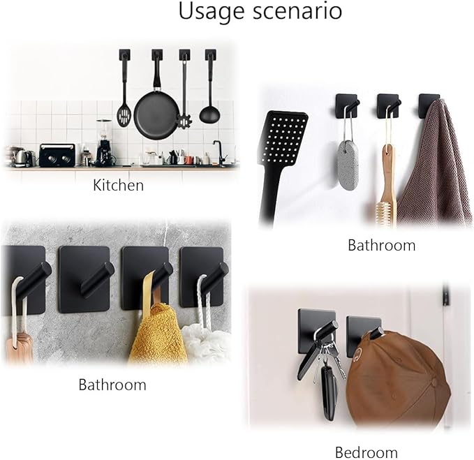 Adhesive Towel Hooks 6 Pack, Bath Towel Hooks, Adhesive Wall Hooks for Bathroom Coat Robe Kitchen, Stainless Steel self-Adhesive Hooks, Black