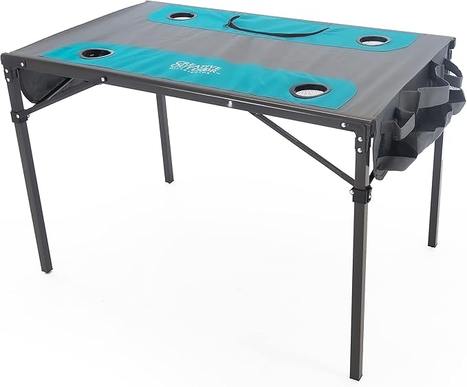 Creative Outdoors Folding Table with Built-in Cooler - Outdoor Portable Camping Table with 4 Cup Holders and Durable Steel Frame - Quality Material (Teal/Gray)-NeatNest