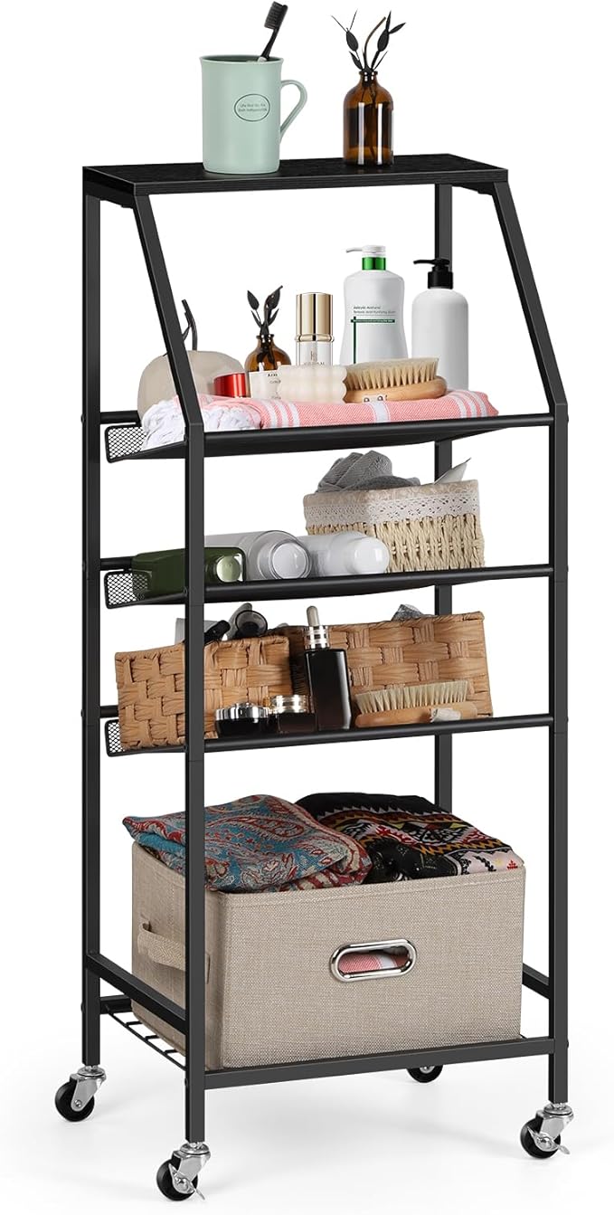 Bathroom Freestanding Towel Rack Table 5 Tier Metal Rolling Utility Cart with Storage for Bath Living Room Bedroom, Black