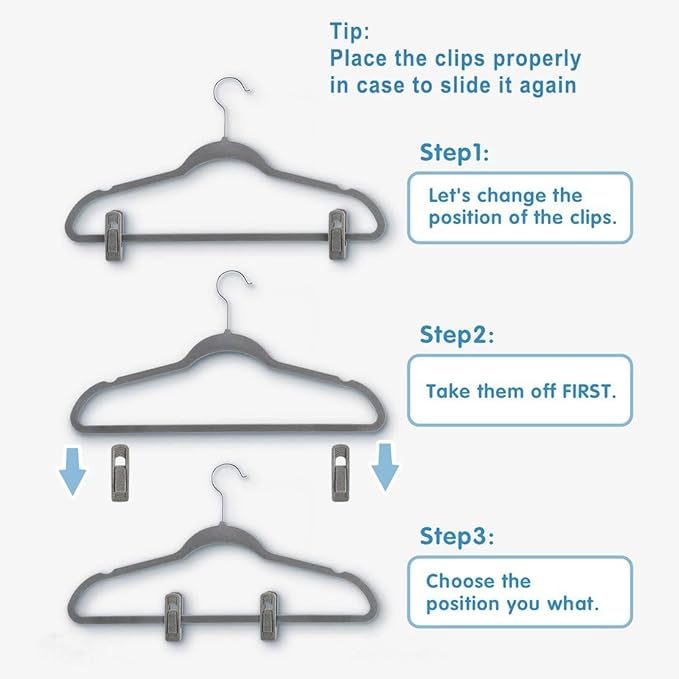 Grey Hanger Clips for Velvet Hangers - 40 PCS Gray Nonslip Velvet Hanger Clips, Skirt Hanger Flocking Clips Fit for Slim Velvet Hangers-NeatNest