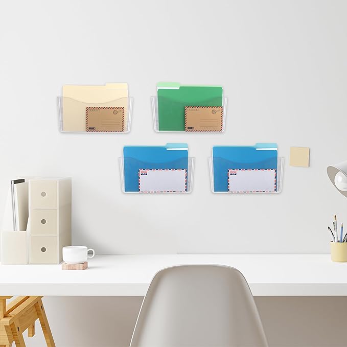 EASEPRES 4 Pack Clear Single Pocket Hanging File Organizer, Plastic Wall Mount Paper Mails Magazines Holder, Mounted Folder Bins for Office, School and Home, 13.85x3.14x6.88 inches