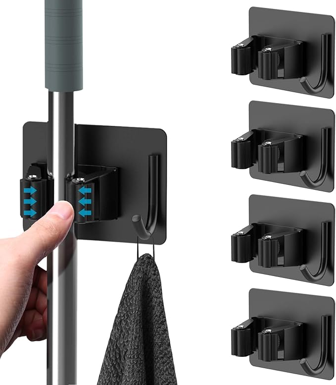 Mop Broom Holder No Drill, Mop Broom Organizer Wall Mounted Heavy Duty with Hooks Hanger, Self Adhesive Stainless Steel 4Pcs for Bathroom, Kitchen, Office (Black)-NeatNest
