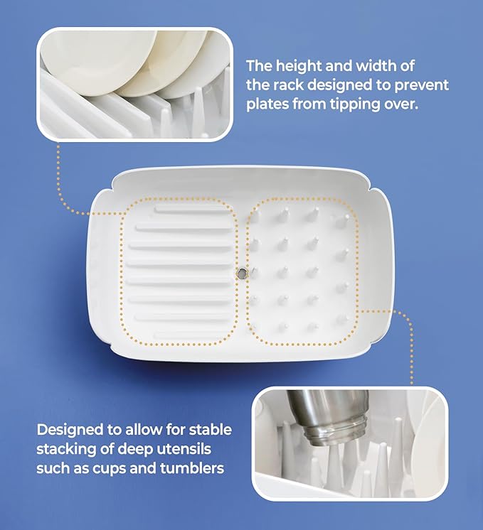 carrotez Split-Design Small Dish Drying Rack, Space-Saving Dish Drainer for Small Kitchen Countertops, Ideal for 1–2 Person Households or as a Secondary Rack, 9.5'' × 15.9'' × 4.9'', White
