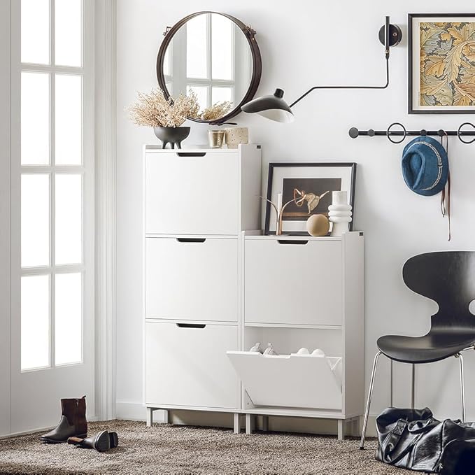 Haotian Slim Shoe Cabinet Entryway, Narrow Shoe Rack with 2 Flip-Drawers, White Shoe Organiazer Hallway, Hidden Shoe Storage Cupboard Entrance, FSR151-W