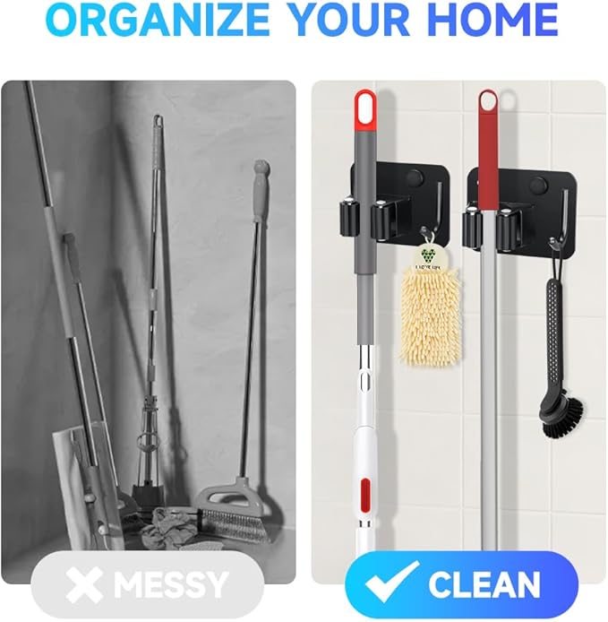 2-Pack Broom Holder with Heavy Duty Hooks, Upgraded Stainless Steel Mop Hanger. Wall Mount Utility Tool Rack for Kitchen Garden Laundry Garage. Matte Black.-NeatNest