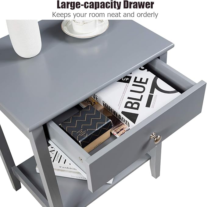 Giantex Nightstand Wooden 2-Tier Couch Sofa Side Table with Drawer, Storage Shelf, Solid Wood Legs,Mufti-Functional Home Furniture for Living Room Bedroom Study Room End Table (2, Gray)