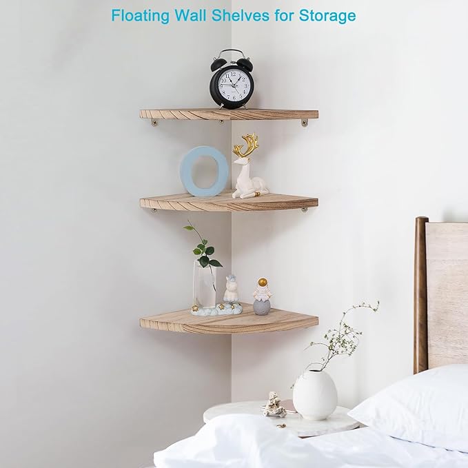 Joiishom Corner Wall Shelf Set of 3, Floating Corner Shelves, Rustic Wood Wall Storage Display Shelves for Living Room Bedroom Bathroom Kitchen (Round Edge-Carbonized)