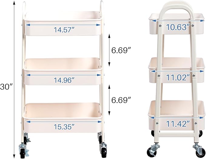 AGTEK 3-Tier Rolling Carts with Wheels, Rolling Utility Cart with Iron Frame for Kitchen, Plastic Shelves, Living Room, Office, White