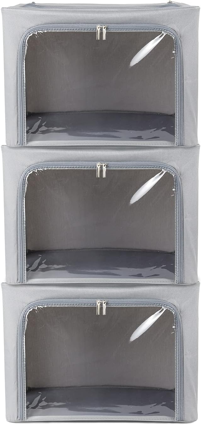 Stackable Clothes Storage Box for Clothing Gadgets,Steel Frame Storage Bins for Toys Gift,Foldable Oxford Fabric Closet Organizer Bag Set w/ Carry Handles Clear Window (Medium- 40L x3 Pack, Grey)-NeatNest