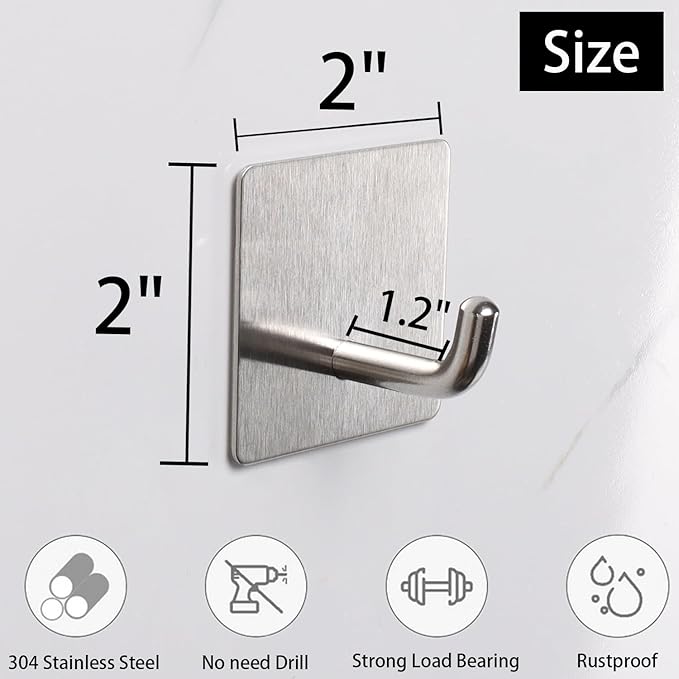 Bath Towel Hooks -10 Pack Strong Self Adhesive Coat/Clothes Hooks, No Drilling Sticky Hooks, Heavy Duty 304 Stainless Steel Shower Wall Hook for Bathroom Kitchen Bedroom(Brushed Nickel)