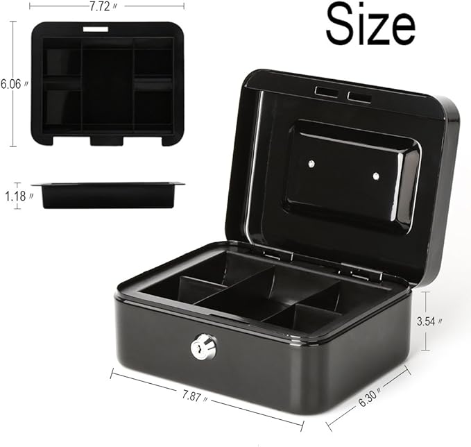 Decaller Cash Box with Money Tray, Metal Locking Money Box with Key Lock for Security, 7 4/5" x 6 4/5" x 3 3/5", Black, QH2003S-NeatNest