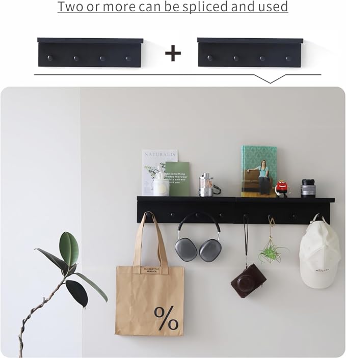 Entrance Coat Rack ,Coat Hooks, Wall-Mounted Wooden Hook Rack, Wall-Mounted Shelves are Very Suitable (Black Finish-2)