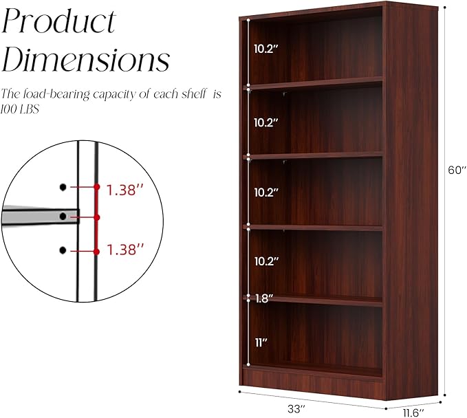 Farini 60 Inch Tall 5-Shelf Bookcase, Wood Bookshelf Storage Organizer Adjustable Shelf for Home Office, Study Room, Easy Assembly,Mahogany