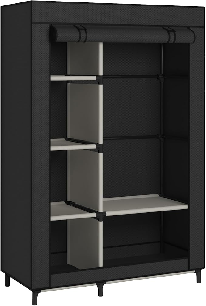 Calmootey Portable Closet Organizers, Clothing Storage, Wardrobe with 6 Shelves and Hanging Rod, Non-Woven Fabric Cover with 4 Side Pockets, Black-NeatNest