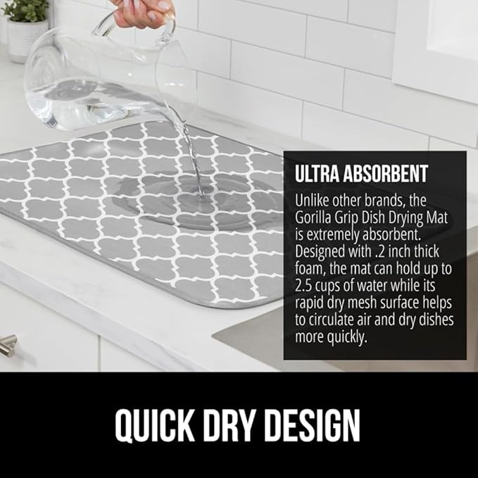 GORILLA GRIP Ultra Water Absorbent Microfiber Dish Drying Mat, Quick Dry Thick Mesh, Slip Resistant Pad for Sink Dishes or Under Rack, Kitchen Counter Accessories, 16x18, Machine Wash Mats, Quatrefoil