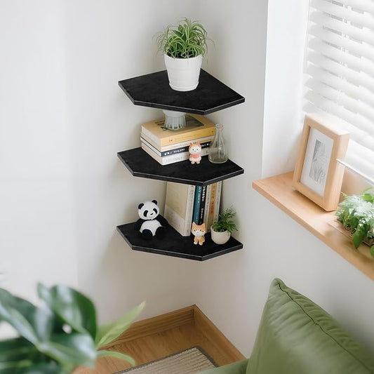 Corner Shelf Wall Mounted, Floating Corner Shelves Set Wall Shelf Organizer, Rustic Wood Storage Display Shelves for Living Room Bedroom Bathroom Kitchen (Black-2Pcs)-NeatNest