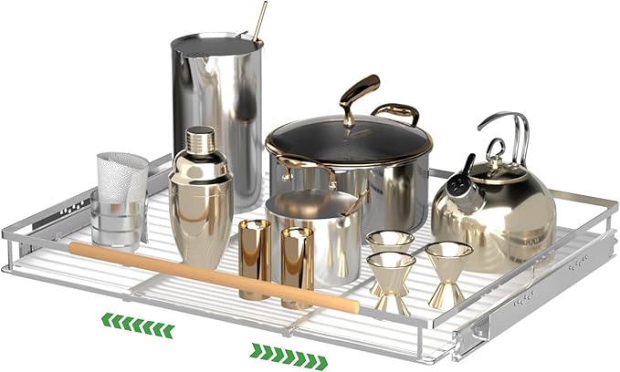 Adjustable Pull Out Shelves for Kitchen Cabinet, Expandable Pull Out Drawders for Cabinets, Pull Out Cabinet Organizer Roll Out Drawers, Stainless Steel, Cabinet Width 16.2" - 26.2", 1 Pack-NeatNest