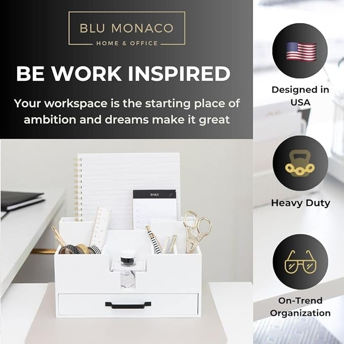 BLU MONACO White Wood Desk Organizer with Drawer – Home Office Accessories for Women – Compact Desktop Storage Solution-NeatNest