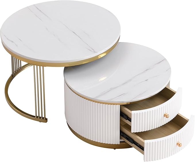 Modern 2 Pieces White Round Nesting Coffee Table with Drawers in 27.6''