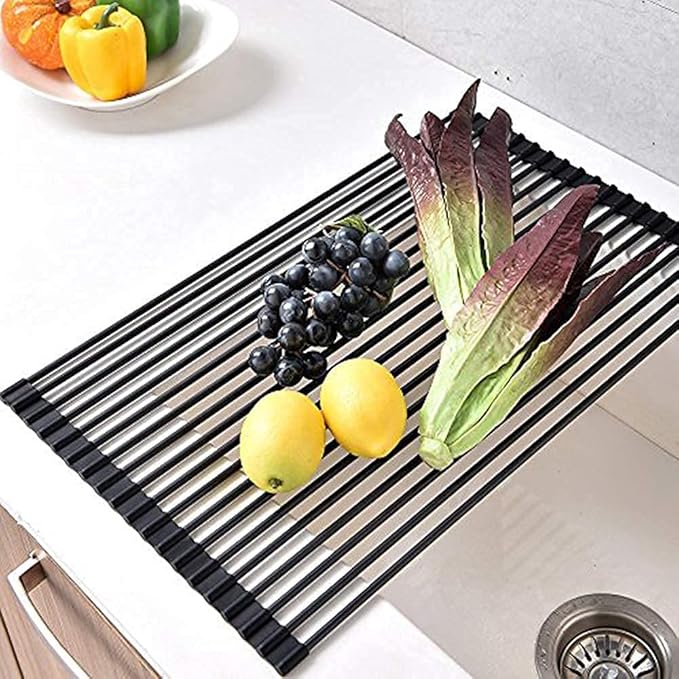 Ahyuan Large Roll up Dish Drying Rack Foldable Dish Rack Over Sink Dish Drainer Roll-up Sink Drying Rack Full Silicone Coated Stainless Still Dish Drying Rack (Matte Black, 20.5''X13.13'')