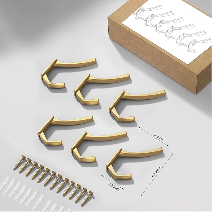 Heavy Duty Wall Hooks, 5.7 Inch Large Coat Hooks, 6 Packs Towel Hooks for Hanging in Bathroom, Bedroom, Entryway, Kitchen, etc (Gold, 6 Pack)