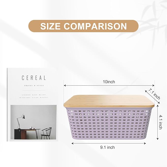 6-Pack Small 5 Qt Stackable Storage Bins with Bamboo Lids - Decorative Cute Plastic Baskets Boxes Containers with Labels for Organizing Shelves, Classroom, Closet, Desktop, Office - Purple-NeatNest