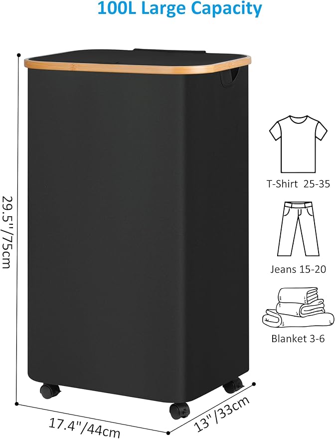 efluky Laundry Basket with Wheels, Tall Rolling Laundry Hamper with Lid and Removable Bag, Aesthetic Dirty Clothes Hamper on Wheels for Laundry Room, Bedroom, Dorm and Bathroom, 100L Black-NeatNest