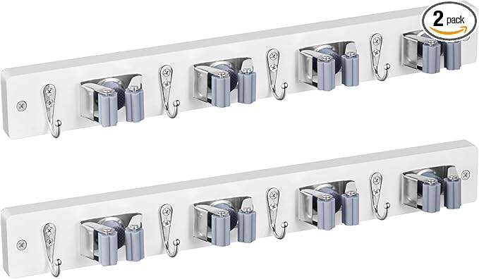 2 Pack Mop Broom Holder Wall Mount - White Wood Broom Mop Hanger - Wall Mounted Garden Tool Rack Organizer for Closet Garage Laundry Room, 4 Slots & 4 Hooks-NeatNest