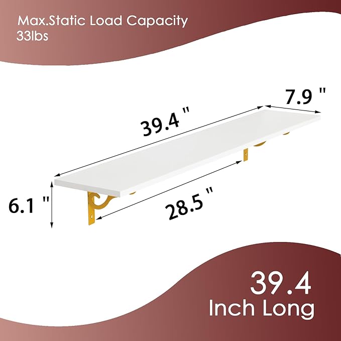 DINZI LVJ Long Wall Shelves, 39.4" Wall Mounted Shelves Set of 4, Wide Floating Shelf with Metal Brackets, for Living Room, Bathroom, Bedroom, Kitchen, Office, White and Gold-NeatNest