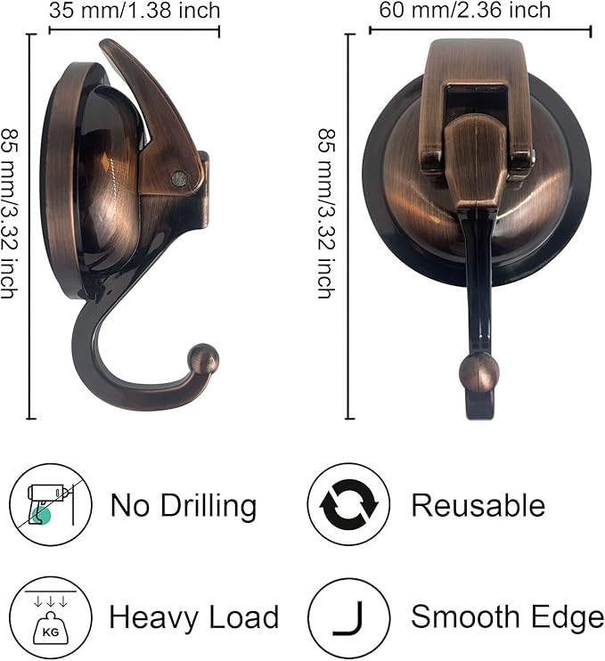 Heavy Duty Vacuum Suction Shower Hooks - Glass Suction Cup Hooks, for Bathroom Robe or Garland Decoration (Antique Brass, 6 Pack)