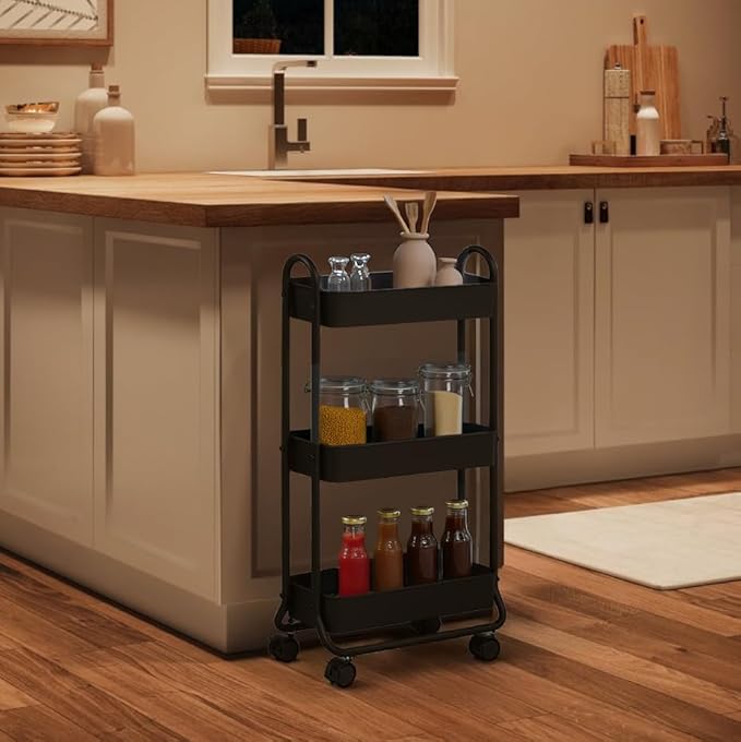 SunnyPoint Slim Rolling Storage Cart, 3 Tier Bathroom Storage Organizer Bathroom, Laundry Utility Cart (Black)-NeatNest