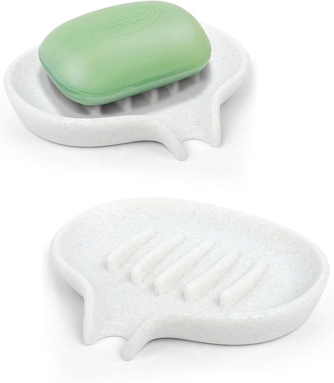 2 Pcs Soap Dish with Drain- Self Draining Bar Soap Holder for Shower, Marble Look Soap Savers Soap Tray Sponge Holder for Kitchen, Bathroom, Bathtub Sink, Crystal White-NeatNest