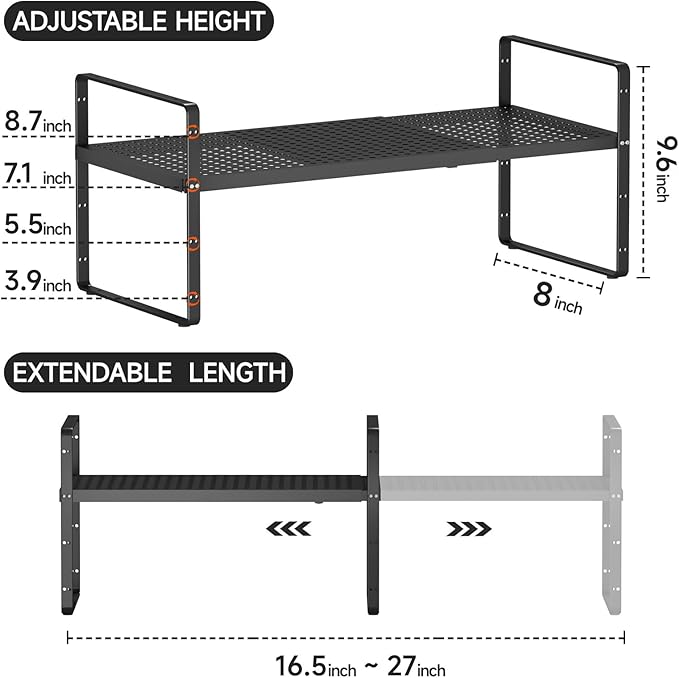 Expandable Cabinet Shelf Organizers, Stackable Metal Shelves Extender for Kitchen Countertop Storage, Adjustable Spices Shelves Rack Stand for Cupboard Pantry, Black-NeatNest