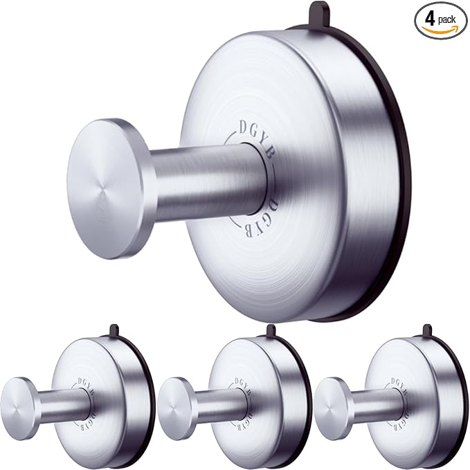 DGYB Suction Cup Hooks Set of 4 Brushed Nickel Towel Hooks for Bathrooms Waterproof Stainless Shower Hooks for Inside Shower 15 Lb Bathroom Hooks for Towels-NeatNest