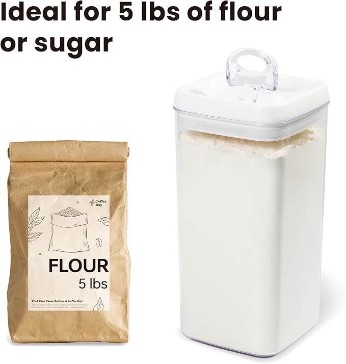 Felli Flip Tite Acrylic Food Storage Container with Lid 6” XL Air Tight Ring Seal Flip Top, Plastic Kitchen Baking Canister for 5 lb Flour Sugar Rice Protein Powder Pantry Organizer (Nest-M, White)-NeatNest